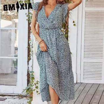 GMXIA Женская мода Лето Весна с цветочным принтом с коротким рукавом и v-образным вырезом с высокой талией повседневные платья S розовый