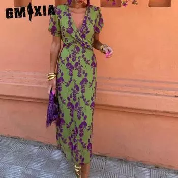 GMXIA Женская мода Лето Весна с цветочным принтом с коротким рукавом и v-образным вырезом с высокой талией повседневные платья S зелёный