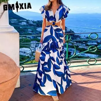 GMXIA Женская мода Лето Весна с цветочным принтом с коротким рукавом и v-образным вырезом с высокой талией повседневные платья S