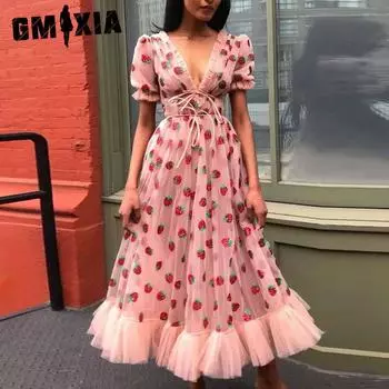 GMXIA Женская мода Лето Весна с цветочным принтом с коротким рукавом и v-образным вырезом с высокой талией повседневные платья S розовый