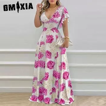 GMXIA Женская мода Лето Весна с цветочным принтом с коротким рукавом и v-образным вырезом с высокой талией повседневные платья S