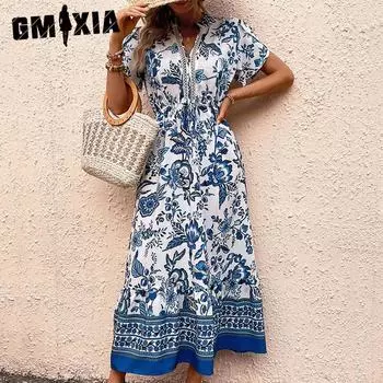 GMXIA Женская мода Лето Весна с цветочным принтом с коротким рукавом и v-образным вырезом с высокой талией повседневные платья S синий
