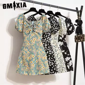 GMXIA Женская мода Лето Весна с цветочным принтом с коротким рукавом и v-образным вырезом с высокой талией повседневные платья S