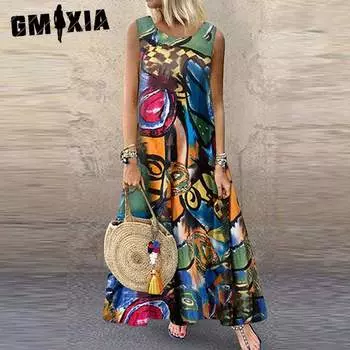 GMXIA Женская мода Лето Весна Свободные повседневные платья с круглым вырезом и принтом S красный