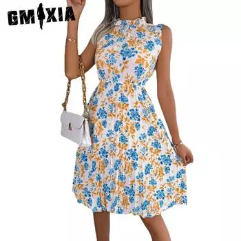 GMXIA женская мода лето весна без рукавов полуводолазка тонкий цветочный принт коктейльные и вечерние платья S зелёный
