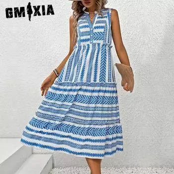 GMXIA Женская мода лето весна богемный принт без рукавов с v-образным вырезом и высокой талией повседневные платья S синий
