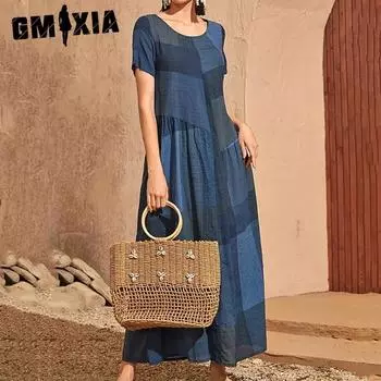 GMXIA женская мода лето весна цвет блок принт короткий рукав с круглым вырезом свободные повседневные платья S красный