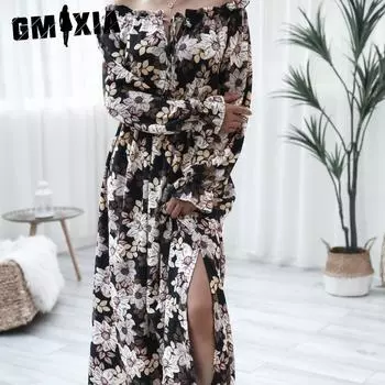 GMXIA женская мода лето весна цветочный принт с длинным рукавом на одно плечо свободные повседневные платья с роговыми рукавами и деревянным краем уха S чёрный