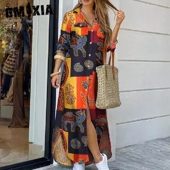 GMXIA женская мода лето весна цветочный принт с длинным рукавом поло шеи свободные повседневные платья S