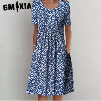 GMXIA Женская мода лето весна цветочный принт с коротким рукавом и круглым вырезом с высокой талией повседневные платья
