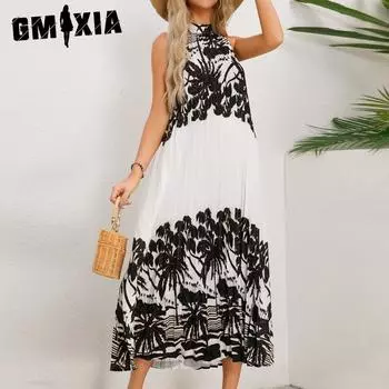 GMXIA женская мода лето весна цветочный принт без рукавов полуводолазка повседневные платья S чёрный