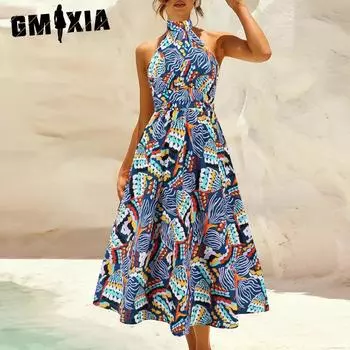 GMXIA женская мода лето весна цветочный принт без рукавов полуводолазка повседневные платья S зелёный