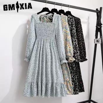GMXIA женская мода лето весна цветочный принт с длинным рукавом квадратный воротник повседневные платья