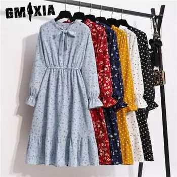 GMXIA женская мода лето весна цветочный принт с длинным рукавом и круглым вырезом с высокой талией повседневные платья S