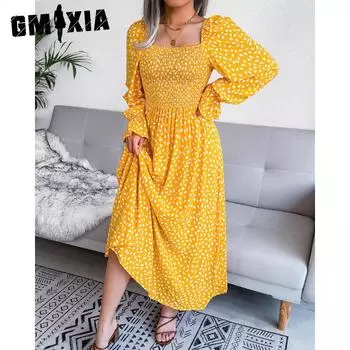 GMXIA женская мода лето весна цветочный принт с длинными рукавами и квадратным воротником тонкие повседневные праздничные платья из искусственного шелка со складками S жёлтый