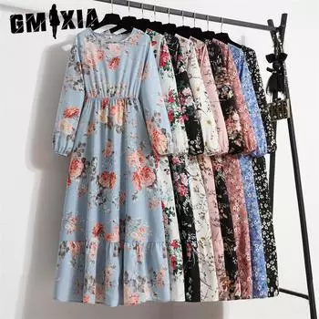 GMXIA женская мода лето весна цветочный принт с длинным рукавом и круглым вырезом с высокой талией повседневные платья S