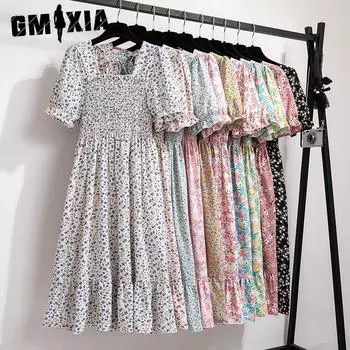 GMXIA женская мода лето весна цветочный принт с коротким рукавом квадратный воротник повседневные платья One Size