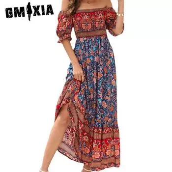GMXIA женская мода лето весна цветочный принт с коротким рукавом на одно плечо повседневные платья S синий