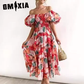 GMXIA женская мода лето весна цветочный принт с коротким рукавом на одно плечо повседневные платья S красный