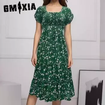 GMXIA Женская мода лето весна цветочный принт с коротким рукавом U-образным вырезом повседневные платья S зелёный