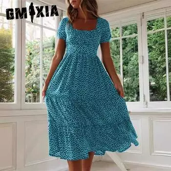 GMXIA женская мода лето весна цветочный принт с коротким рукавом и квадратным воротником с высокой талией повседневные платья S розовый