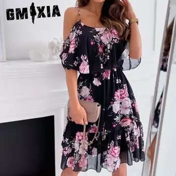 GMXIA Женская мода лето весна цветочный принт с коротким рукавом U-образным вырезом повседневные платья S белый