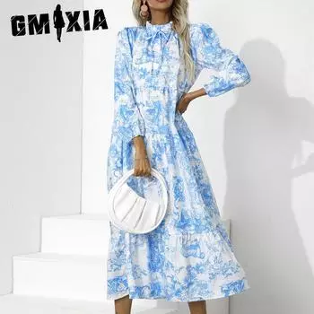 GMXIA Женская мода лето весна цветочный принт длинный рукав полуводолазка высокая талия повседневные платья S красный