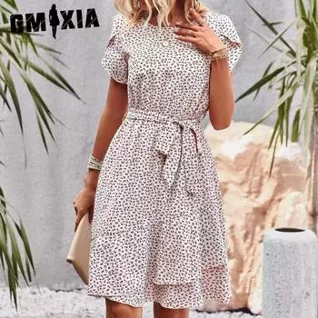 GMXIA Женская мода лето весна цветочный принт с коротким рукавом и круглым вырезом с высокой талией повседневные платья S королевский синий