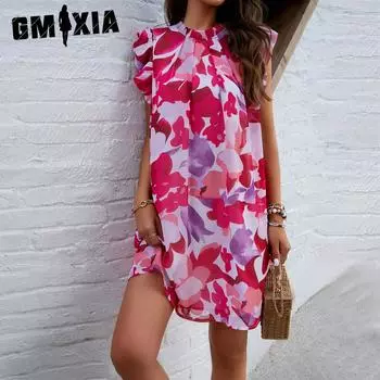 GMXIA Женская мода лето весна цветочный принт короткий рукав полуводолазка высокая талия повседневные платья S розовый