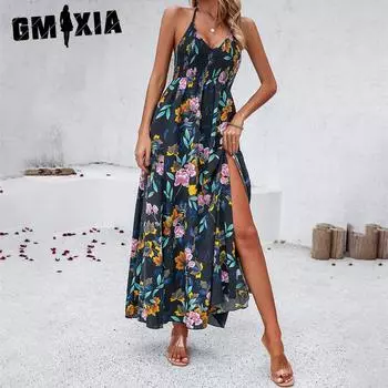 GMXIA Женская мода лето весна цветочный принт без рукавов подтяжки с высокой талией повседневные платья S белый