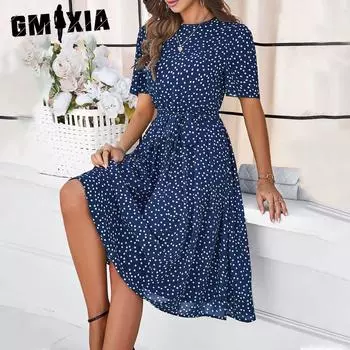 GMXIA Женская мода лето весна цветочный принт с коротким рукавом и круглым вырезом с высокой талией повседневные платья S кофейный