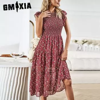 GMXIA Женская мода лето весна цветочный принт с коротким рукавом и круглым вырезом с высокой талией повседневные платья S чёрный