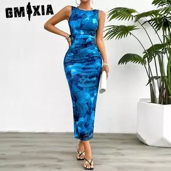 GMXIA женская мода лето весна цветочный принт с длинным рукавом и круглым вырезом с высокой талией повседневные платья S темно-зеленого