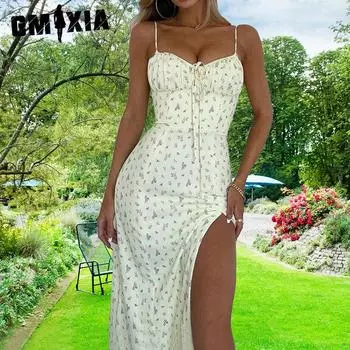 GMXIA Женская мода лето весна цветочный принт без рукавов подтяжки повседневные платья с высокой талией S жёлтый