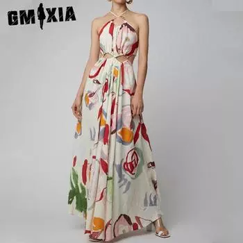 GMXIA Женская мода лето весна цветочный принт без рукавов халтер высокая талия повседневные платья S белый