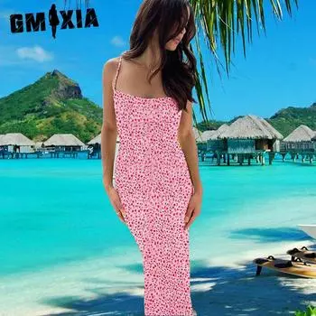 GMXIA Женская мода лето весна цветочный принт без рукавов подтяжки повседневные платья с высокой талией S жёлтый