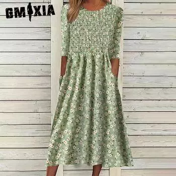 GMXIA Женская мода лето весна цветочный принт с коротким рукавом и круглым вырезом с высокой талией повседневные платья S розовый