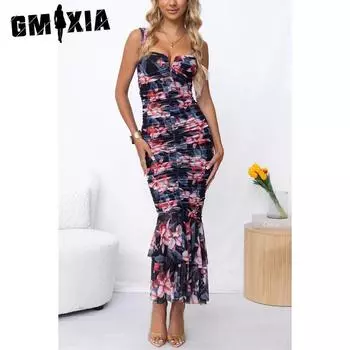 GMXIA Женская мода лето весна цветочный принт без рукавов подтяжки повседневные платья с высокой талией S зелёный