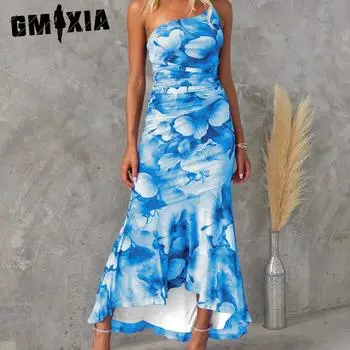 GMXIA Женская мода лето весна цветочный принт без рукавов подтяжки повседневные платья с высокой талией S фиолетовый