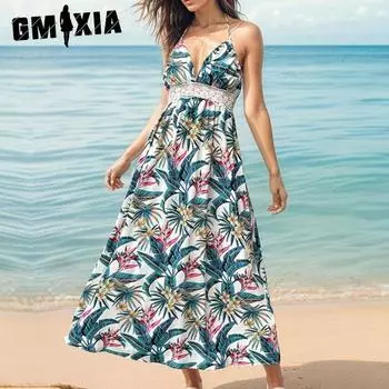 GMXIA Женская мода лето весна цветочный принт без рукавов подтяжки повседневные платья с высокой талией S белый