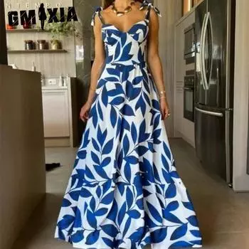 GMXIA Женская мода лето весна цветочный принт без рукавов подтяжки повседневные платья с высокой талией S синий