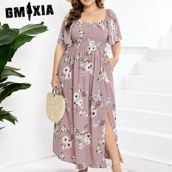 GMXIA Женская мода лето весна цветочный принт с коротким рукавом U-образным вырезом повседневные платья XL розовый