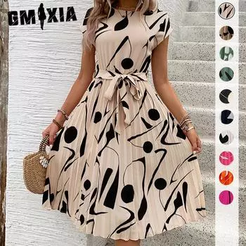 GMXIA Женская мода лето весна геометрический узор принт короткий рукав О-образный вырез высокая талия повседневные платья S абрикосовый