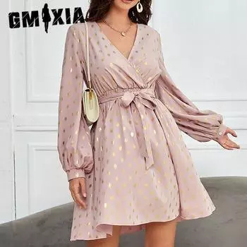 GMXIA Женская мода лето весна горошек принт длинный рукав V-образный вырез высокая талия повседневные платья S розовый