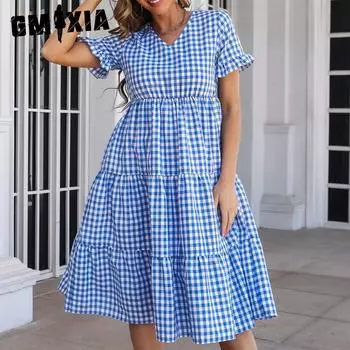 GMXIA Женская мода лето весна клетчатый принт с коротким рукавом и v-образным вырезом с высокой талией повседневные платья S чёрный