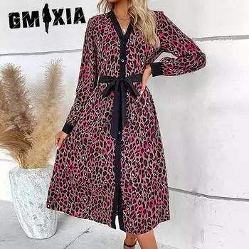 GMXIA женская мода лето весна леопардовый принт с длинным рукавом v-образным вырезом и высокой талией повседневные платья S розовый