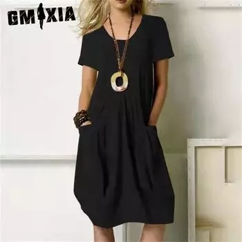 GMXIA Женская мода лето весна однотонный принт с коротким рукавом и круглым вырезом повседневные платья