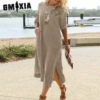 GMXIA Женская мода лето весна однотонный принт рукава 3/4 с круглым вырезом повседневные платья