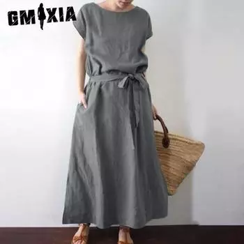 GMXIA Женская мода лето весна однотонный принт с коротким рукавом и круглым вырезом повседневные платья