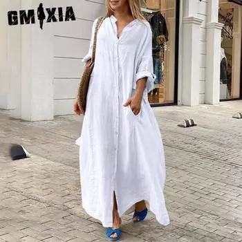 GMXIA женская мода лето весна однотонный принт с длинным рукавом стоячие повседневные платья